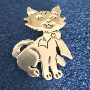 Vintage Marie Jennifer Cat Brooch Pendant Silver Tone Kitten Signed MJ